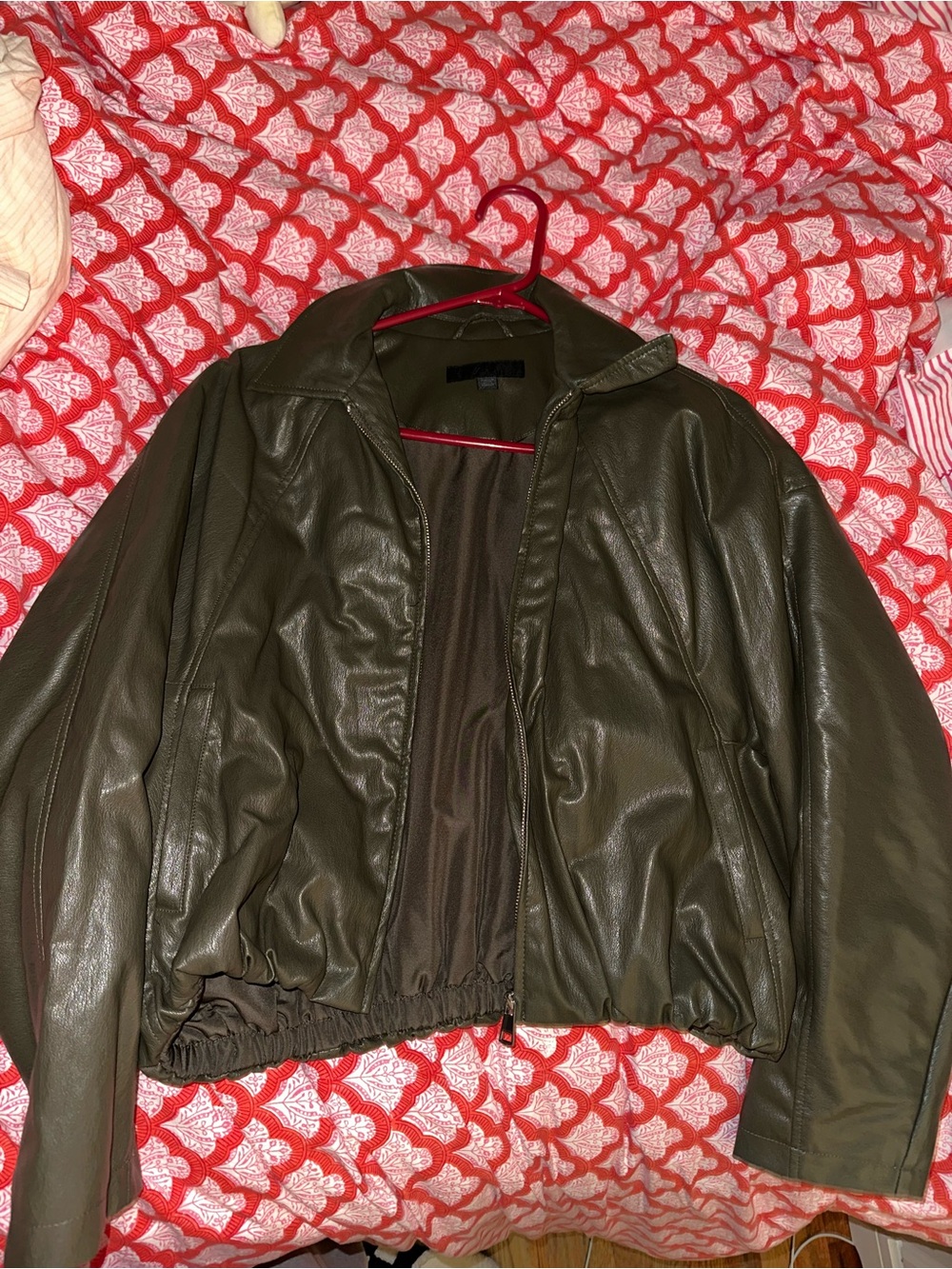 Zara Olive Green Leather Bomber Jacket